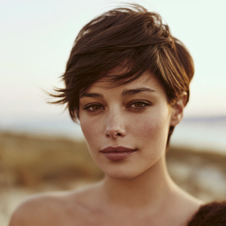 Femme brune aux cheveux très courts, coupe boule