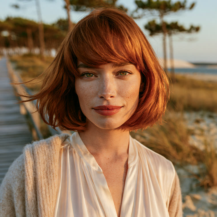 Femme rousse coiffée d'un carré à frange