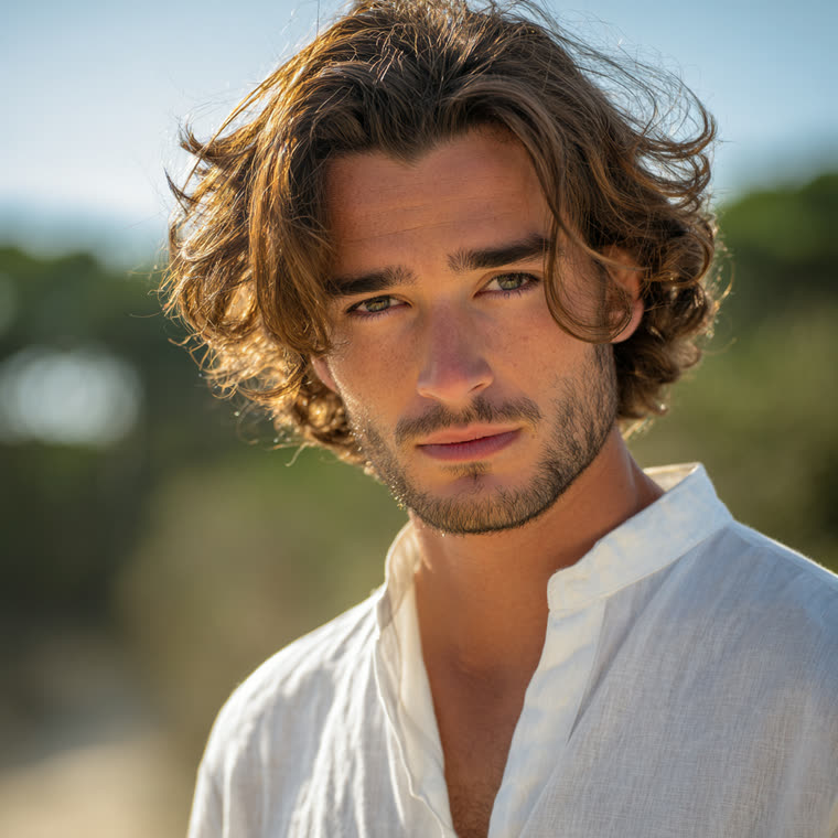 Homme aux cheveux mi-longs ondulés