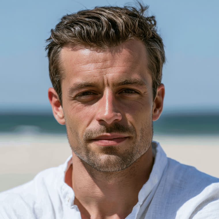Homme aux cheveux courts texturés, en bord de mer