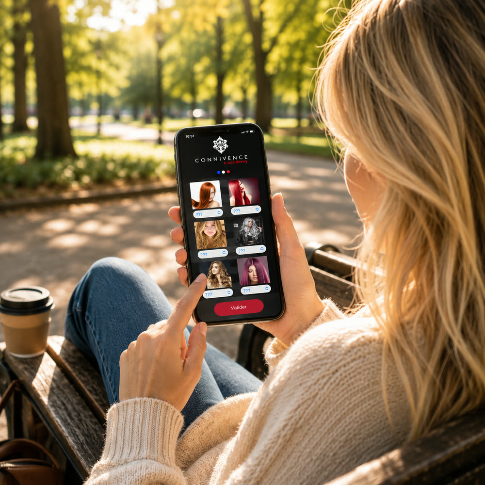 Une femme consulte l’application Connivence sur un banc