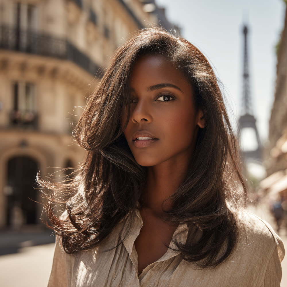 Portrait d’une femme aux cheveux longs, à Paris