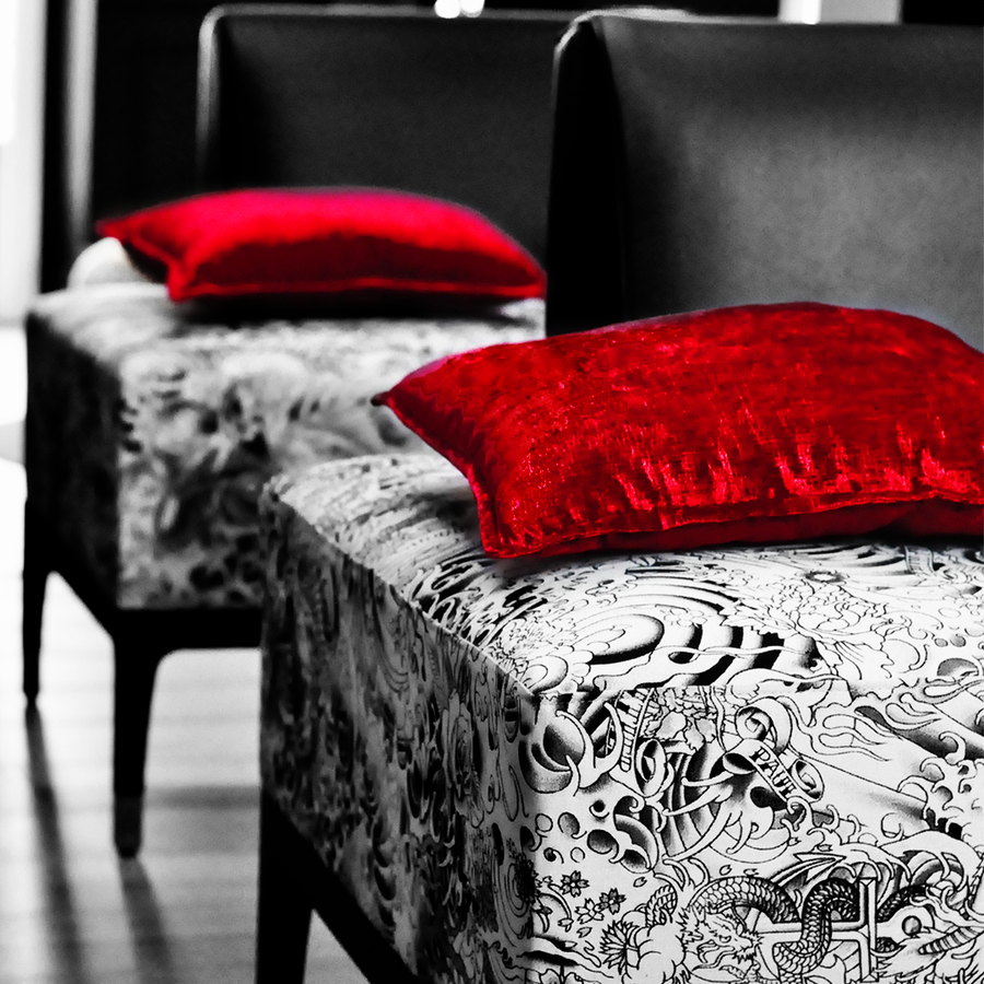 Coussins de velours rouge sur une banquette au motif imprimé